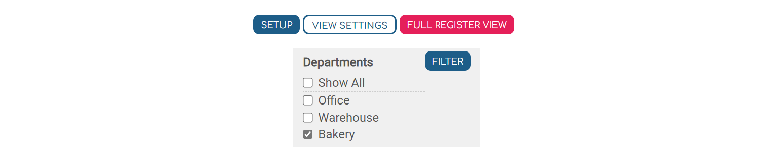 Click Full Register View in your legal register. You'll be able to tick which department(s) you'd like to see, and click Filter to view a list of legislation with the selected department(s) assigned.